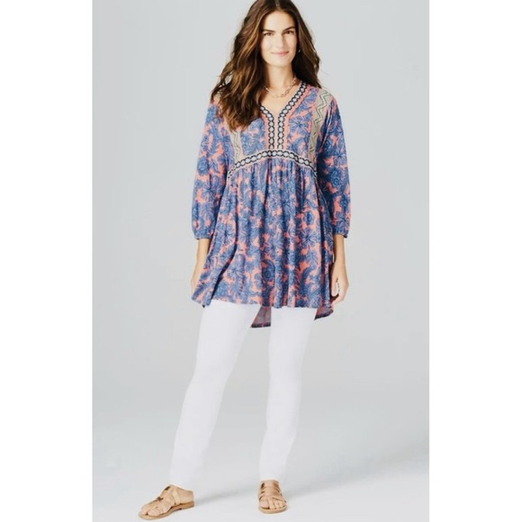 J. Jill Boho Floral Embroidered V-Neck 3/4 Sleeve Tunic Top Women's Size Small - Picture 2 of 13